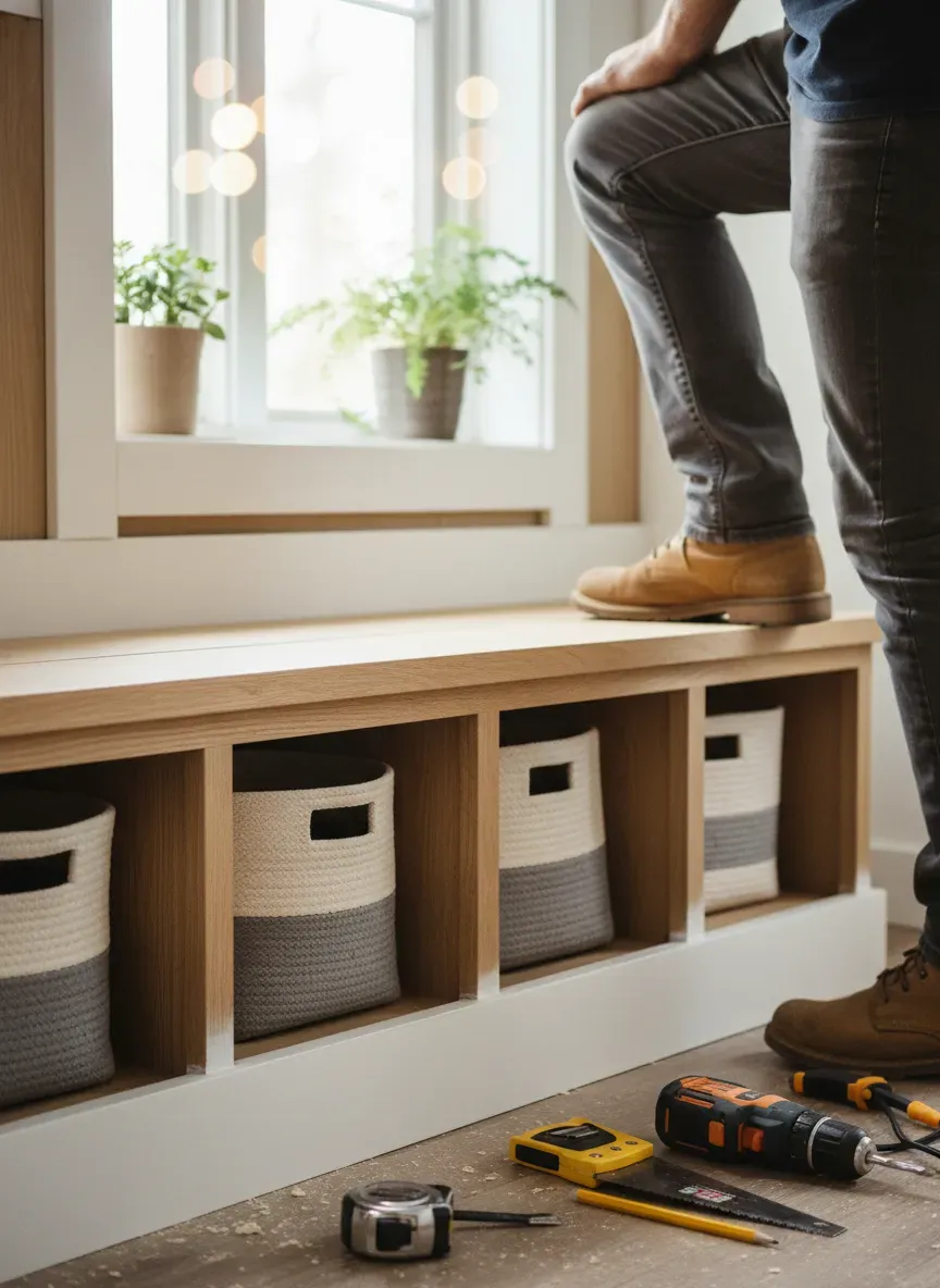 Framing the base of a DIY mudroom locker system